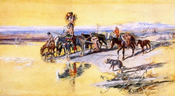  1903 Painting - indians traveling on travois 1903 Charles Marion Russell American Indians